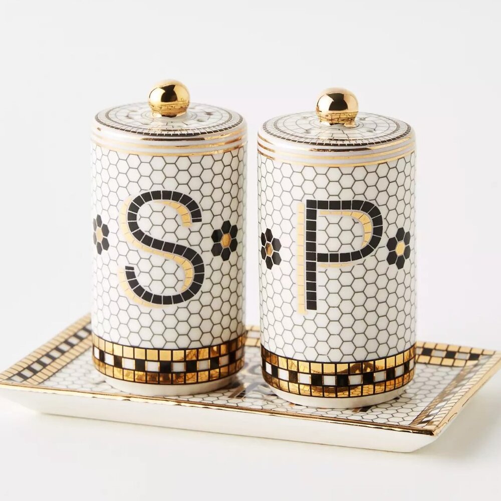 Anthropologie Bistro Tile Stoneware Salt Pepper Shaker Set 3 Pcs Mosaic New